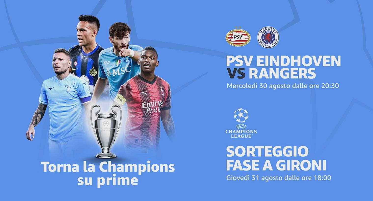 Foto - Champions League, stasera PSV Eindhoven - Glasgow Rangers in live streaming su Prime Video