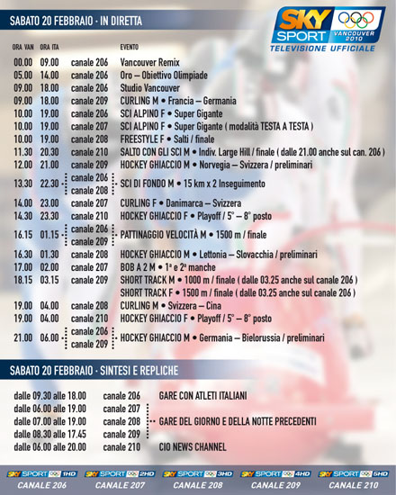 Olimpiadi Vancouver 2010, il programma dell'8^ giornata su SKY, Rai, Eurosport Immagine nel testo correlata a: Olimpiadi Vancouver 2010, il programma dell'8^ giornata su SKY, Rai, Eurosport