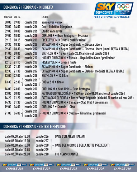 Immagine nel testo correlata a: Olimpiadi Vancouver 2010, il programma della 9^ giornata su SKY, Rai, Eurosport