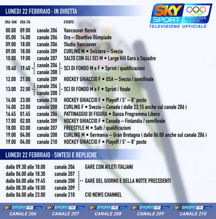 Olimpiadi Vancouver 2010, il programma della 10^ giornata su SKY, Rai,Eurosport Immagine nel testo correlata a: Olimpiadi Vancouver 2010, il programma della 10^ giornata su SKY, Rai,Eurosport