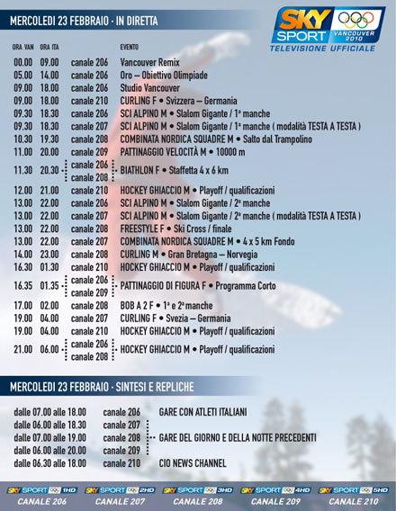 Olimpiadi Vancouver 2010, il programma della 11^ giornata su SKY, Rai,Eurosport Immagine nel testo correlata a: Olimpiadi Vancouver 2010, il programma della 11^ giornata su SKY, Rai,Eurosport