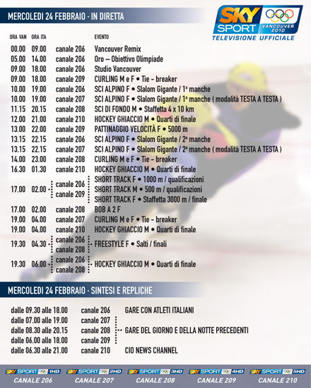 Olimpiadi Vancouver 2010, il programma della 12^ giornata su SKY, Rai,Eurosport Immagine nel testo correlata a: Olimpiadi Vancouver 2010, il programma della 12^ giornata su SKY, Rai,Eurosport