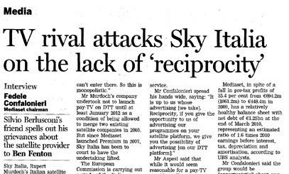 Immagine nel testo correlata a: Confalonieri sul Financial Times contro Sky Italia: manca la reciprocità
