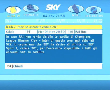 Immagine di Dinamo Kiev - Inter: Sky bissa la modifica dell&#039;EPG per promuovere il suo regalo