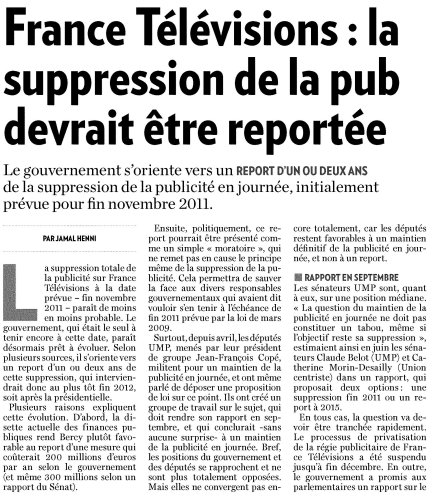 Immagine di Francia, probabile rinvio alla soppressione spot sulla televisione pubblica