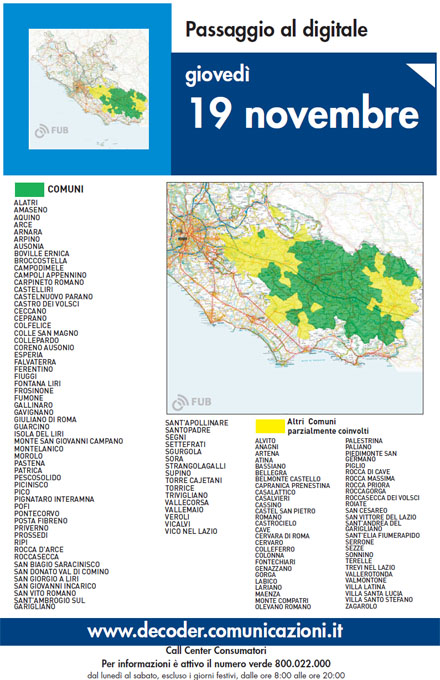 Switch Off in Lazio, il digitale terrestre a Frosinone e nella Ciociaria Immagine nel testo correlata a: Switch Off in Lazio, il digitale terrestre a Frosinone e nella Ciociaria