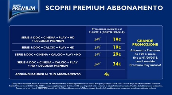 Immagine nel testo correlata a: Mediaset Premium, ecco i nuovi listini in modalità abbonamento e ricaricabile
