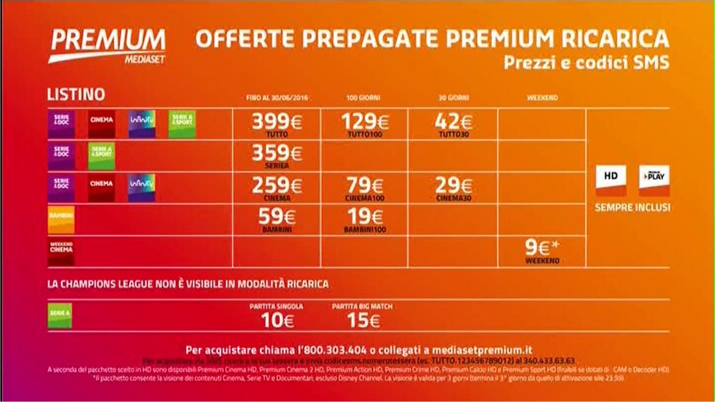 Premium Mediaset, ecco i listini dal 1 Luglio in modalità abbonamento e ricaricabile