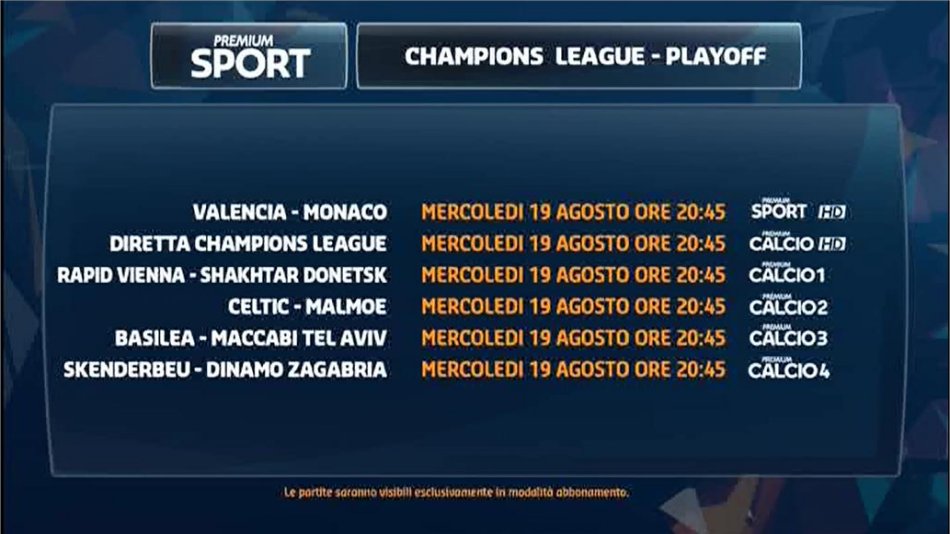 Premium Mediaset, Champions Playoff Andata - Programma e Telecronisti