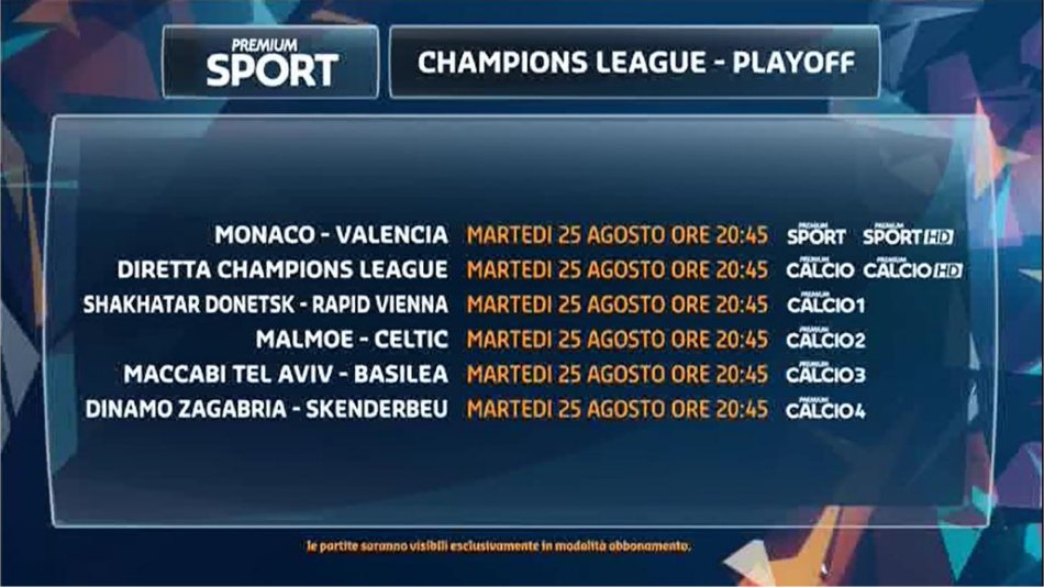 Premium Mediaset, Champions Playoff Ritorno - Programma e Telecronisti