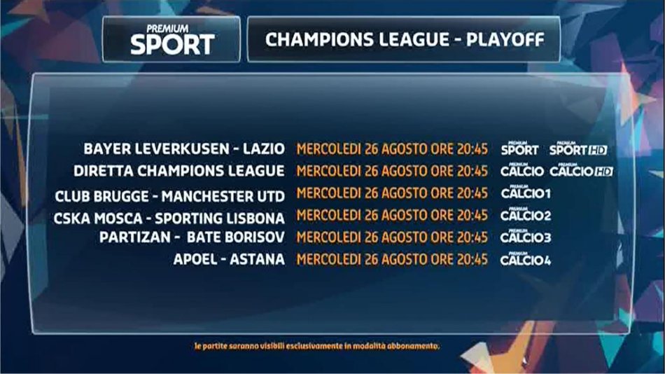 Premium Mediaset, Champions Playoff Ritorno - Programma e Telecronisti