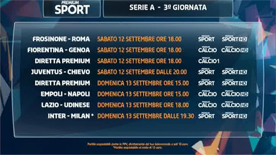 Premium Mediaset, Serie A 3a Giornata - Programma e Telecronisti