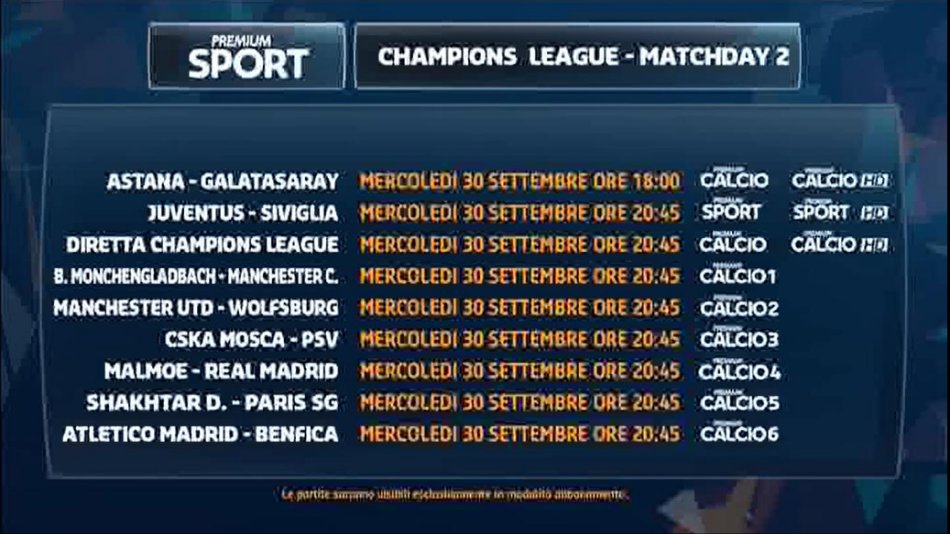 Premium Mediaset, Champions 2a giornata - Programma e Telecronisti