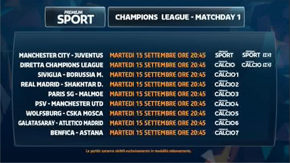 Premium Mediaset, Champions 1a giornata - Programma e Telecronisti