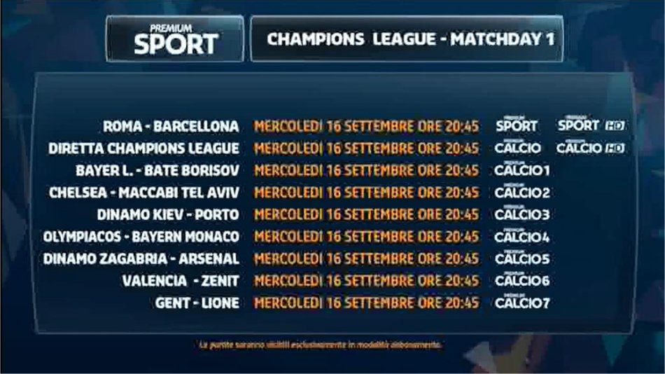 Premium Mediaset, Champions 1a giornata - Programma e Telecronisti