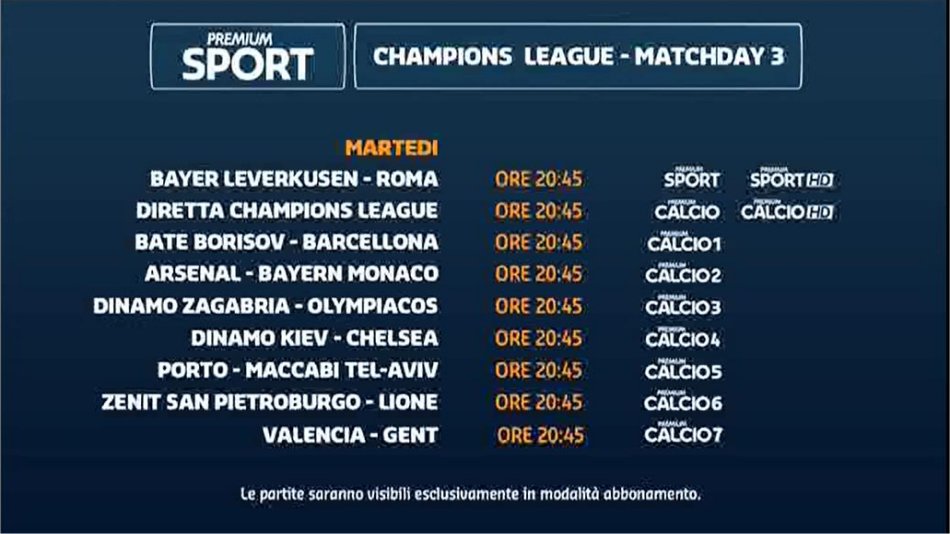 Premium Mediaset, Champions 3a giornata - Programma e Telecronisti