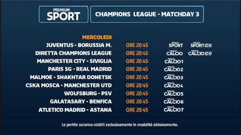 Premium Mediaset, Champions 3a giornata - Programma e Telecronisti