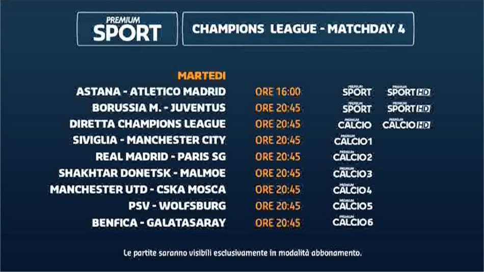 Premium Mediaset, Champions 4a giornata - Programma e Telecronisti