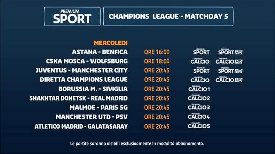 Premium Mediaset, Champions 5a giornata - Programma e Telecronisti