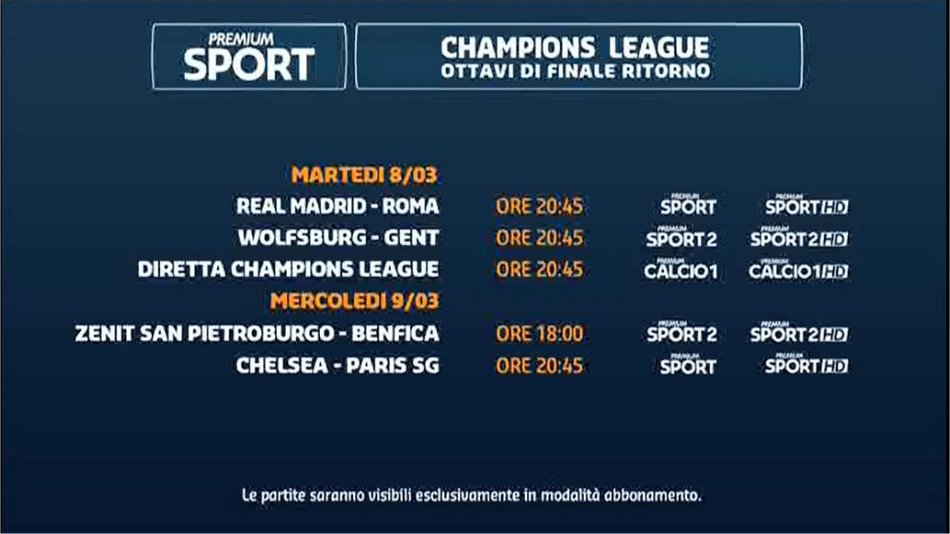 Premium Mediaset, Champions Ottavi Ritorno #1 - Programma e Telecronisti