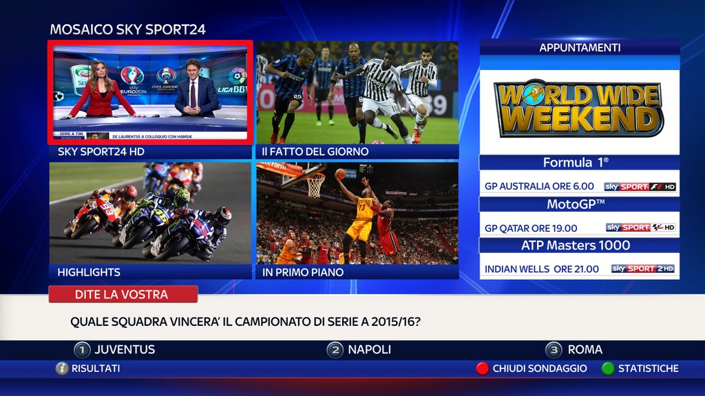 Sky Sport 24 HD, nasce il Mosaico interattivo. Tecnologia e On Demand al top dell'interazione