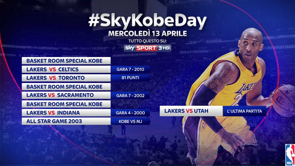 #SkyKobeDay, su Sky Sport 3 HD programmazione dedicata al mito Kobe Bryant