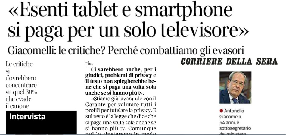 Giacomelli: "No a Canone Rai su Tablet e Smartphone paga solo 1 televisore"