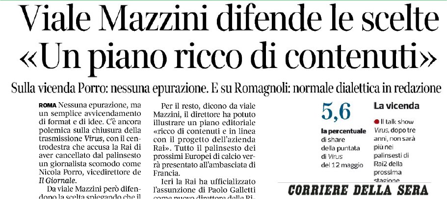 DallaTana (Rai2): "Su cancellazione Virus ho deciso io, nessuna epurazione"