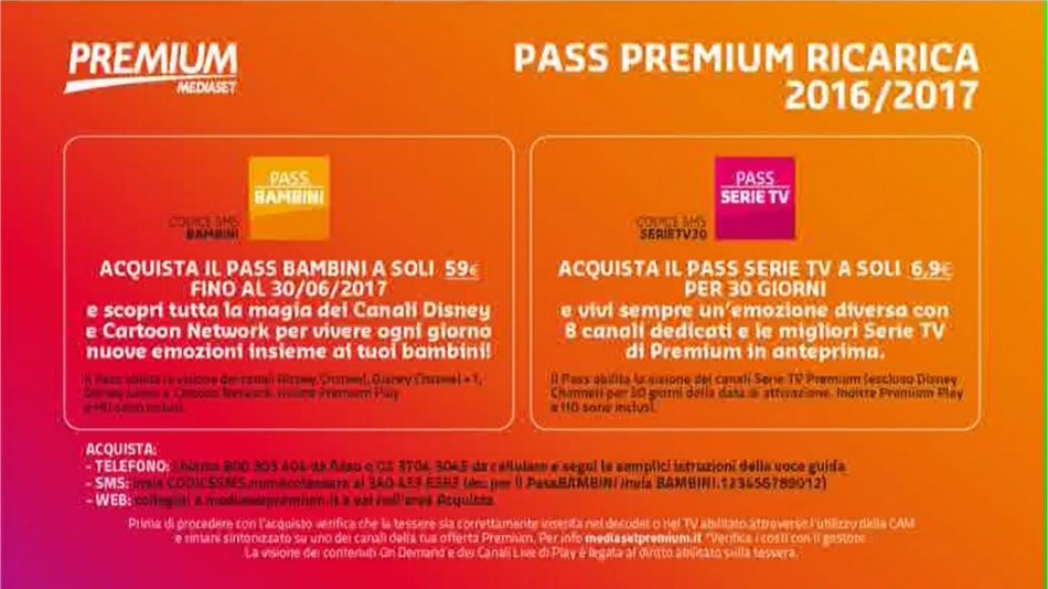 Premium Mediaset, listino per tessere ricaricabili / prepagate dal 1 Luglio 2016