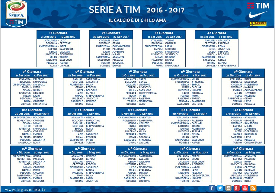 Serie A 2016 - 2017 su Sky Sport e Premium. Anticipi e posticipi dalla 3a alla 17a giornata 