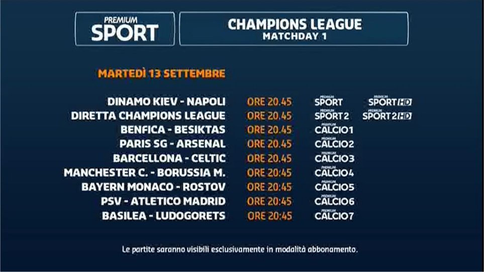 Premium Sport, Champions Diretta 1a Giornata - Palinsesto e Telecronisti Mediaset