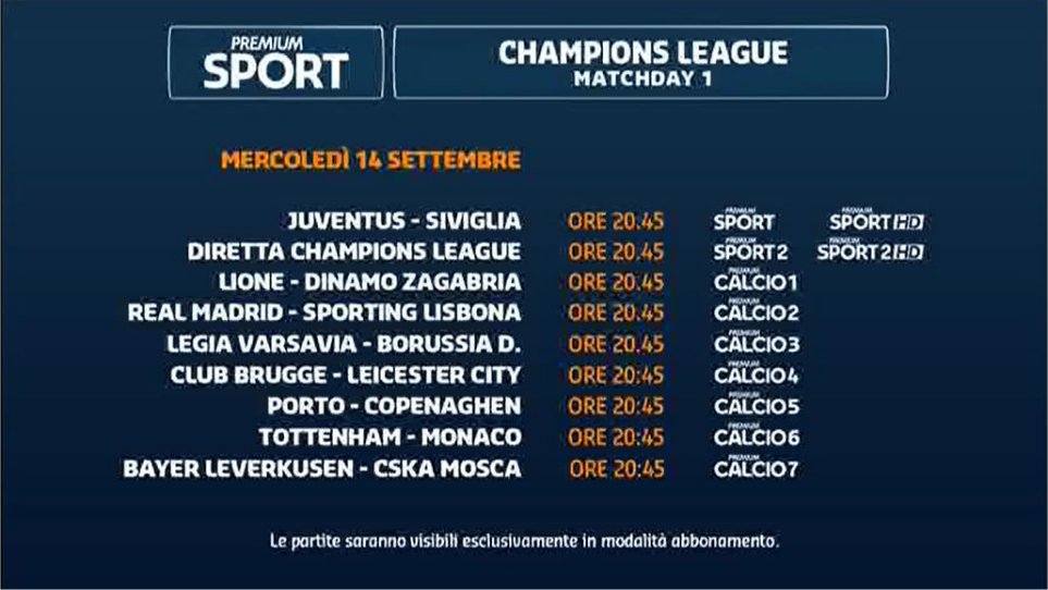 Premium Sport, Champions Diretta 1a Giornata - Palinsesto e Telecronisti Mediaset