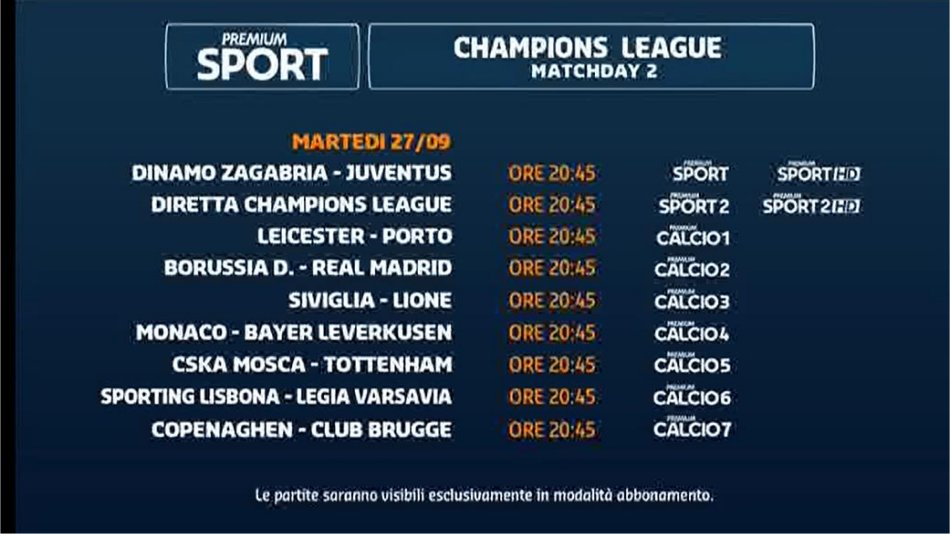 Premium Sport, Champions Diretta 2a Giornata - Palinsesto e Telecronisti Mediaset