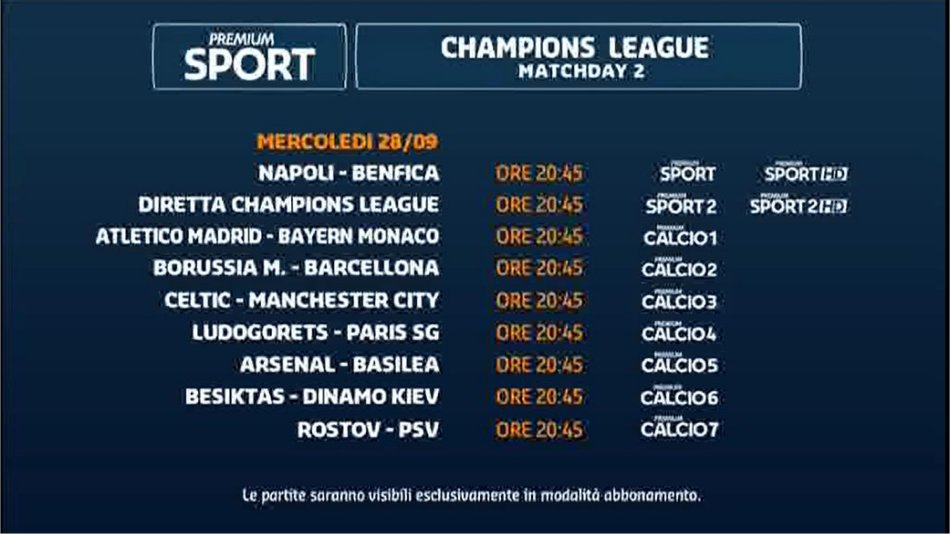 Premium Sport, Champions Diretta 2a Giornata - Palinsesto e Telecronisti Mediaset