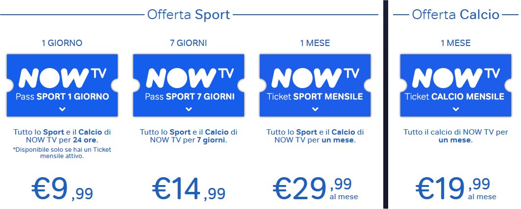 Sky Now Tv, ecco i Ticket SPORT. Tre scelte: in streaming 1 o 7 Giorni oppure 1 Mese 