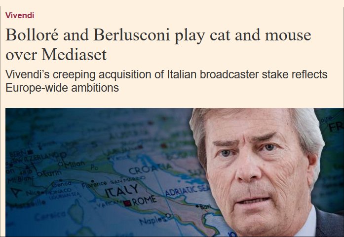 Immagine di Mediaset, secondo Financial Times Bollorè e Berlusconi giocano a «gatto e topo»