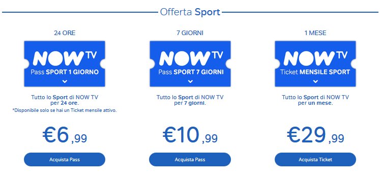 Sky Now Tv, ecco i Ticket SPORT. Tre scelte: in streaming 1 o 7 Giorni oppure 1 Mese 