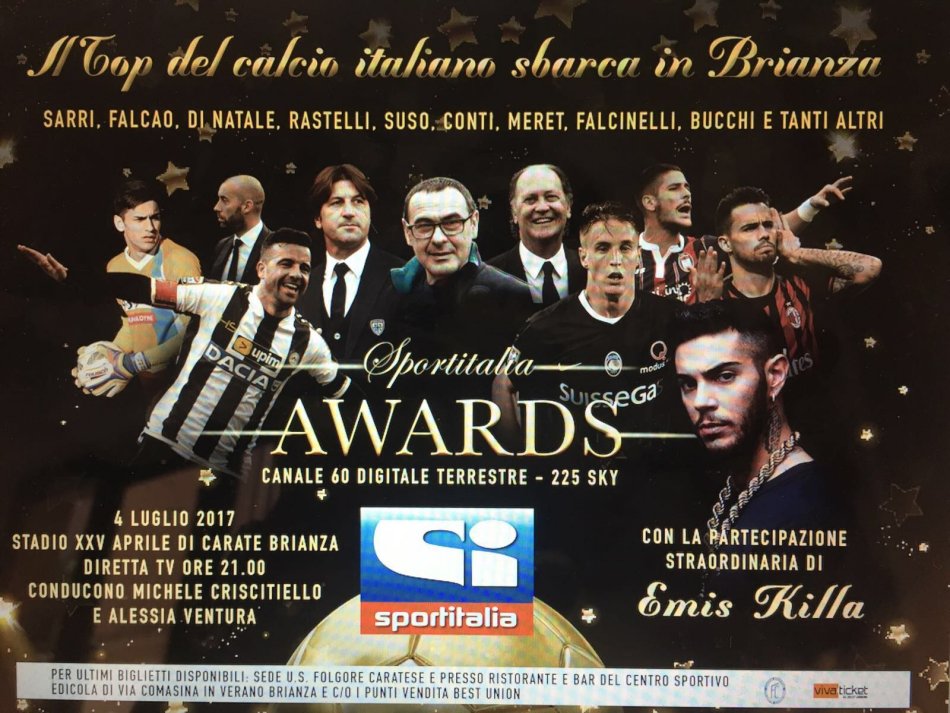 Sportitalia Awards, martedì 4 luglio i big del calcio in diretta tv da Carate Brianza