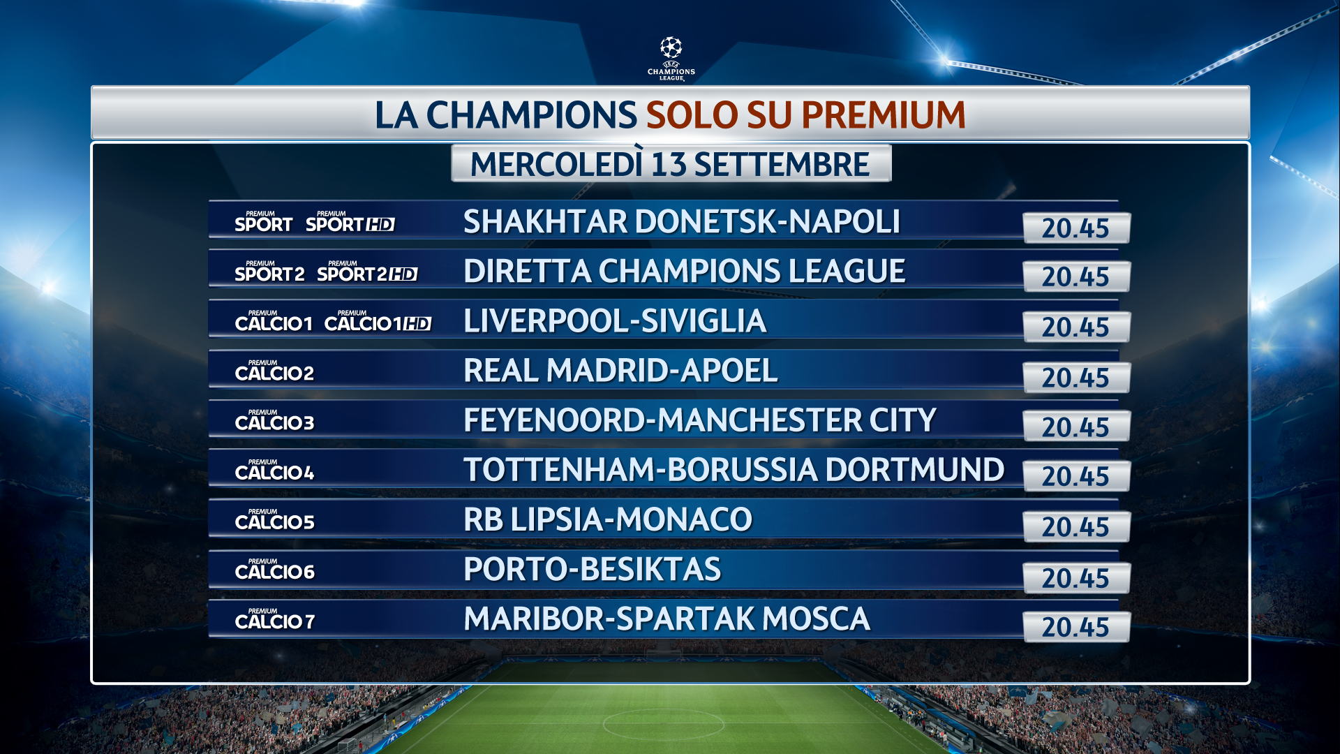 Premium Champions 1a Giornata - Palinsesto e Telecronisti Sport Mediaset