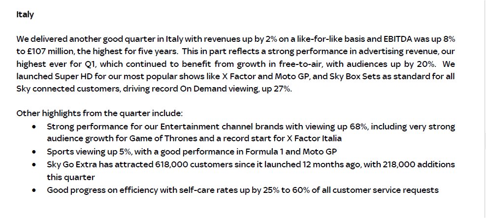 Clienti stabili per Sky Italia con ricavi ed Ebitda in crescita. Prima di Natale in arrivo Sky Q 4K