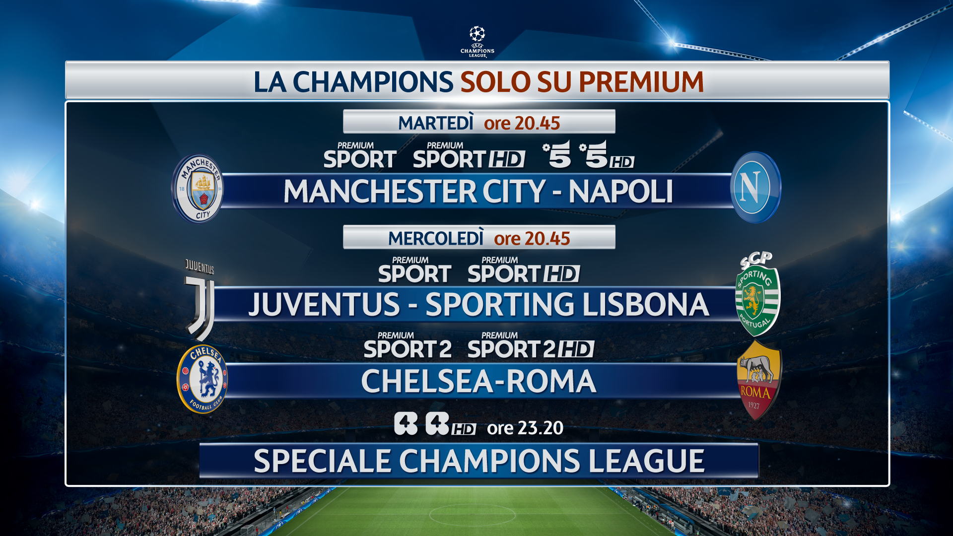 Premium Champions 3a Giornata - Palinsesto e Telecronisti Sport Mediaset