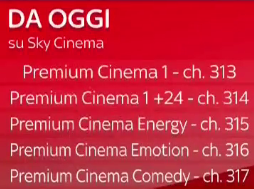 Premium Cinema da oggi su Sky, ecco come cambia la numerazione dei canali