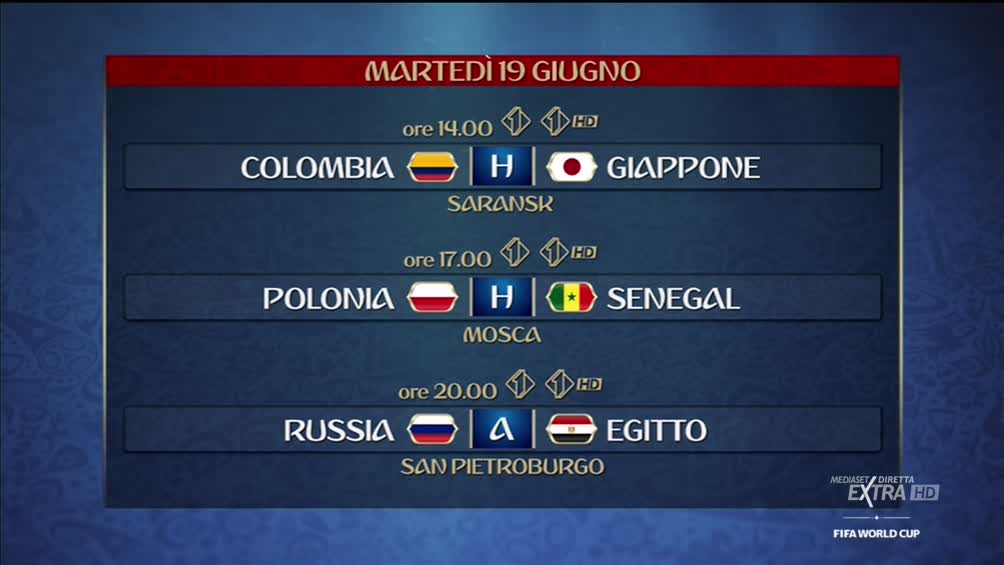 #MondialiMediaset, si completa la 1a giornata. Poi ore 20 Russia - Egitto (diretta Italia 1)