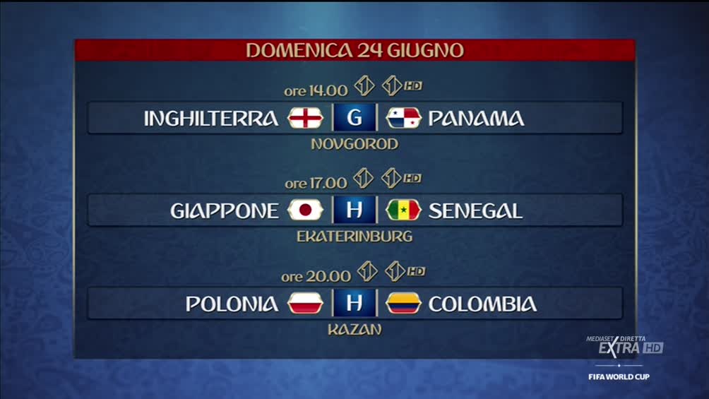 #MondialiMediaset, Inghilterra-Panama, Giappone-Senegal, Polonia-Colombia (diretta Italia 1) #MondialiMediaset, Inghilterra-Panama, Giappone-Senegal, Polonia-Colombia (diretta Italia 1)