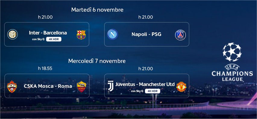 Sky Sport Champions 4a Giornata, Diretta Esclusiva | Palinsesto e Telecronisti