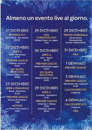 SKY Sport e  Natale 2018 - Tutti gli eventi in diretta dal 21 Dicembre al 6 Gennaio