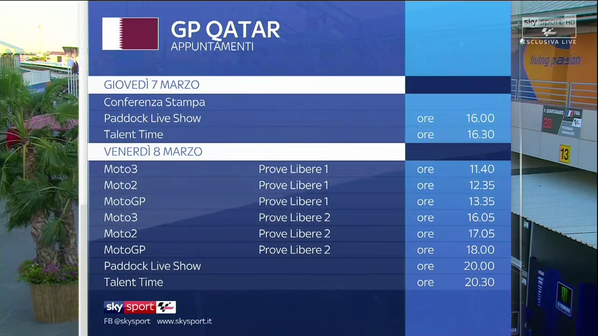 Sky Sport MotoGP, Diretta Esclusiva Gp Qatar (7 - 10 Marzo). In chiaro differita TV8