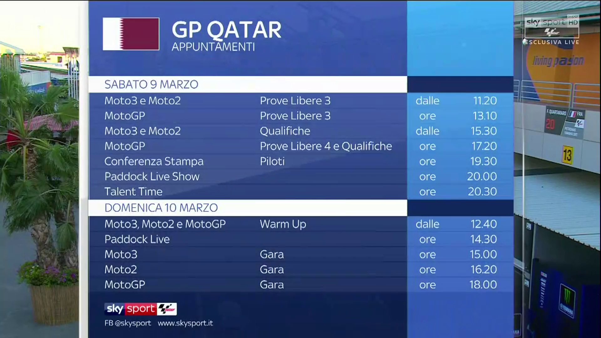 Sky Sport MotoGP, Diretta Esclusiva Gp Qatar (7 - 10 Marzo). In chiaro differita TV8