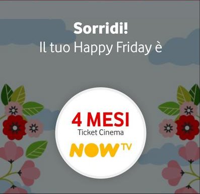 4 mesi gratuiti del ticket Cinema NOW TV in regalo con Vodafone Happy