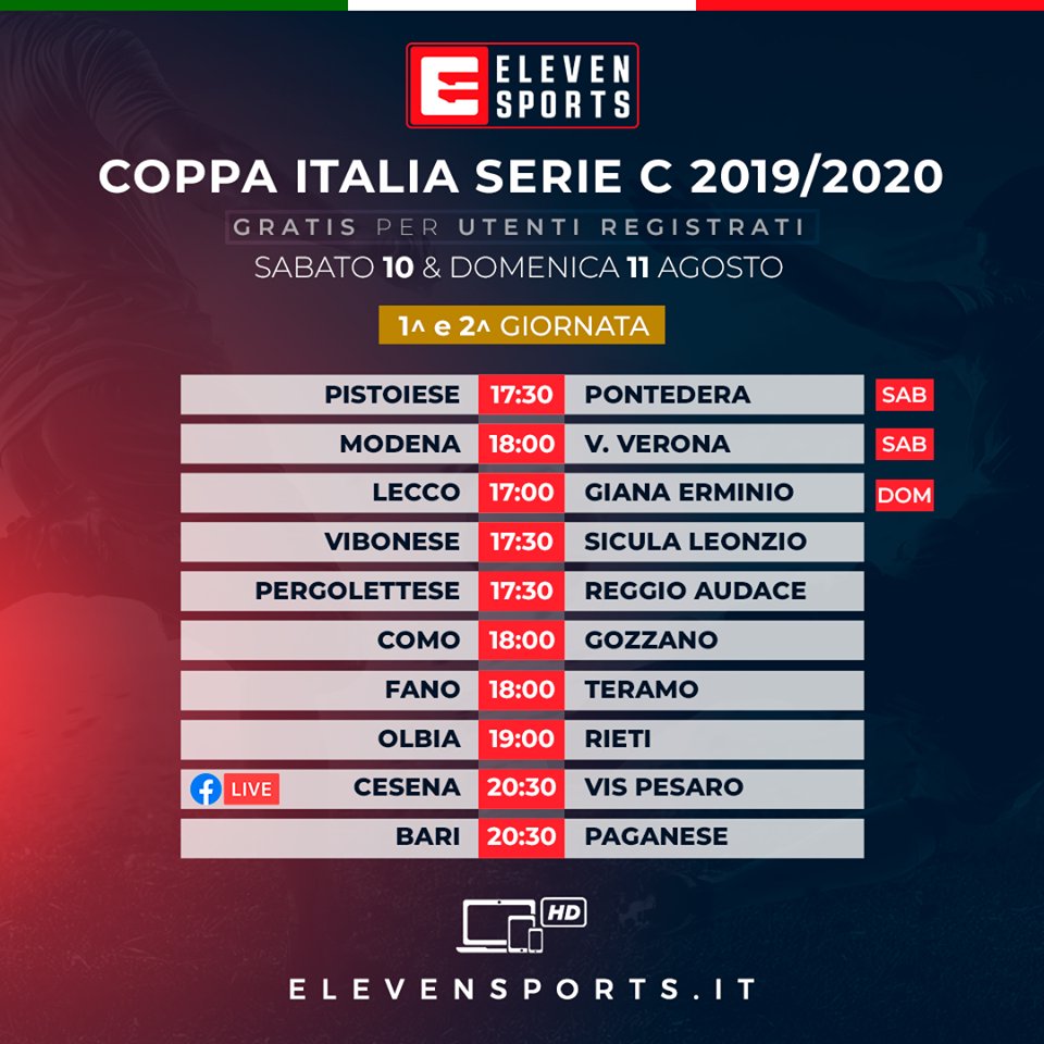 Serie C TV, Coppa Italia 10 e 11 Agosto - Programma e Telecronisti Eleven Sports